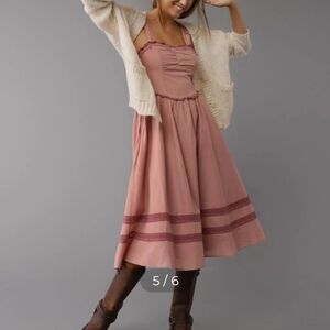 American Eagle 2024 Mauve Corset V-Waist Midi Dress Lace Smocked Coquette S